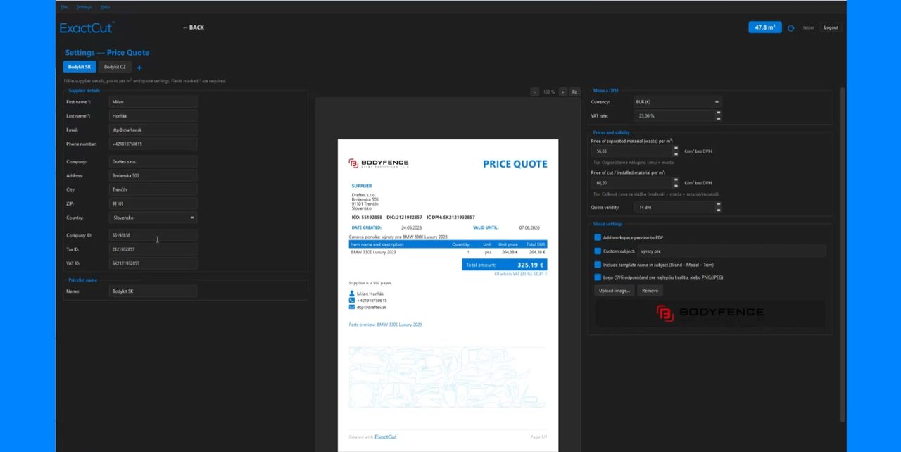 ExactCut tutoriál — Nastavenie cenovej ponuky